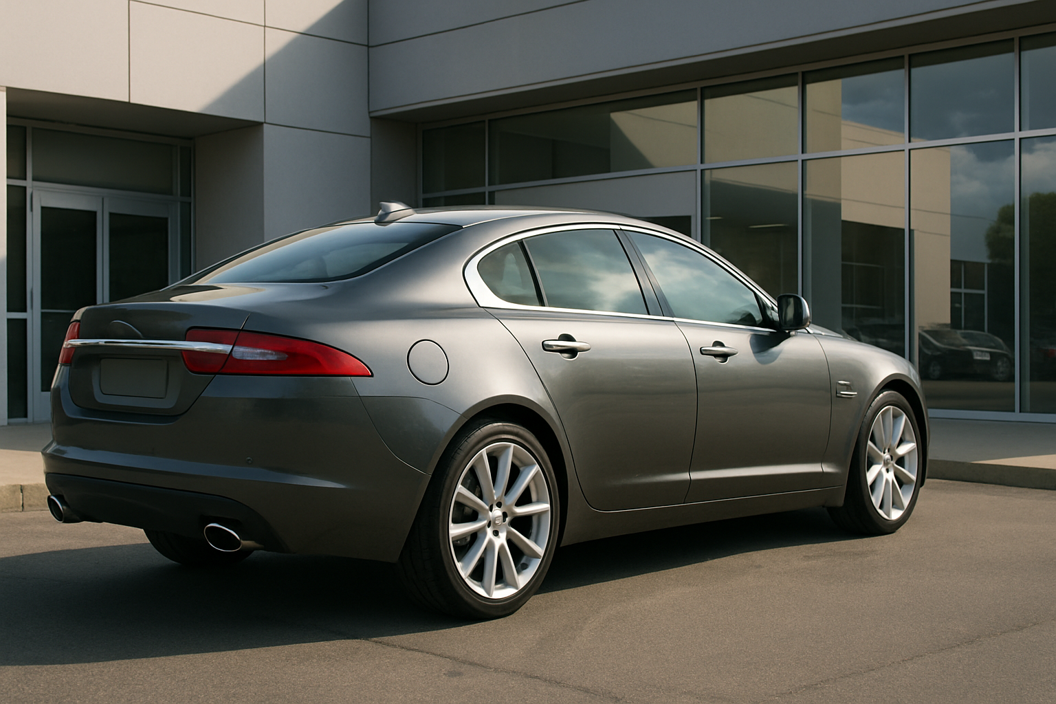 Sleek silver sedan with tinted windows parked on sunlit pavement beside a modern building with large glass panels