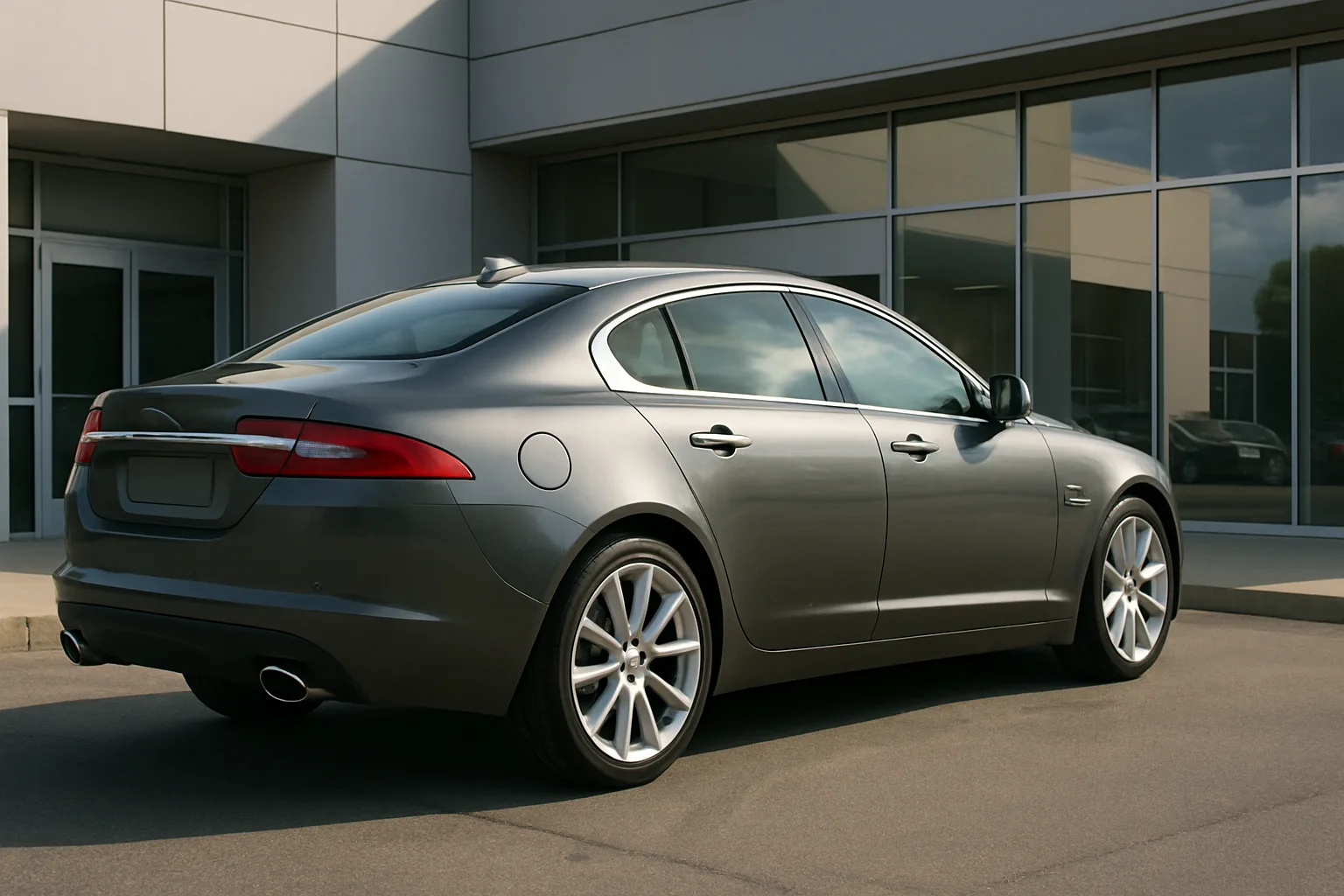 Sleek silver sedan with tinted windows parked on sunlit pavement beside a modern building with large glass panels