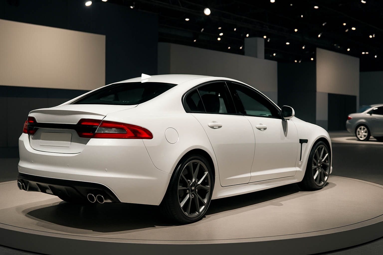 Sleek white sports sedan with tinted windows and quad exhausts displayed on a circular plinth under soft indoor lighting