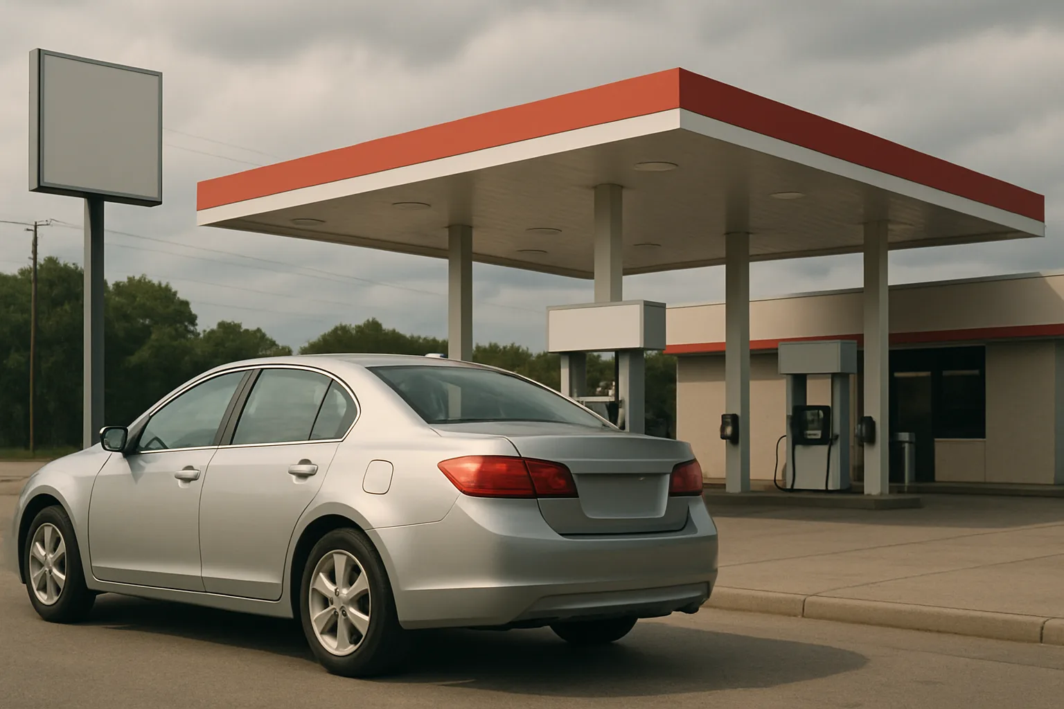 Silver sedan parked beside a modern gas station with a red-trimmed canopy and blank sign under cloudy skies