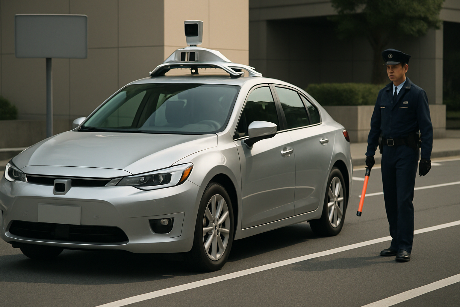 A silver sedan with rooftop sensors stopped on a city street beside a uniformed officer holding an orange baton