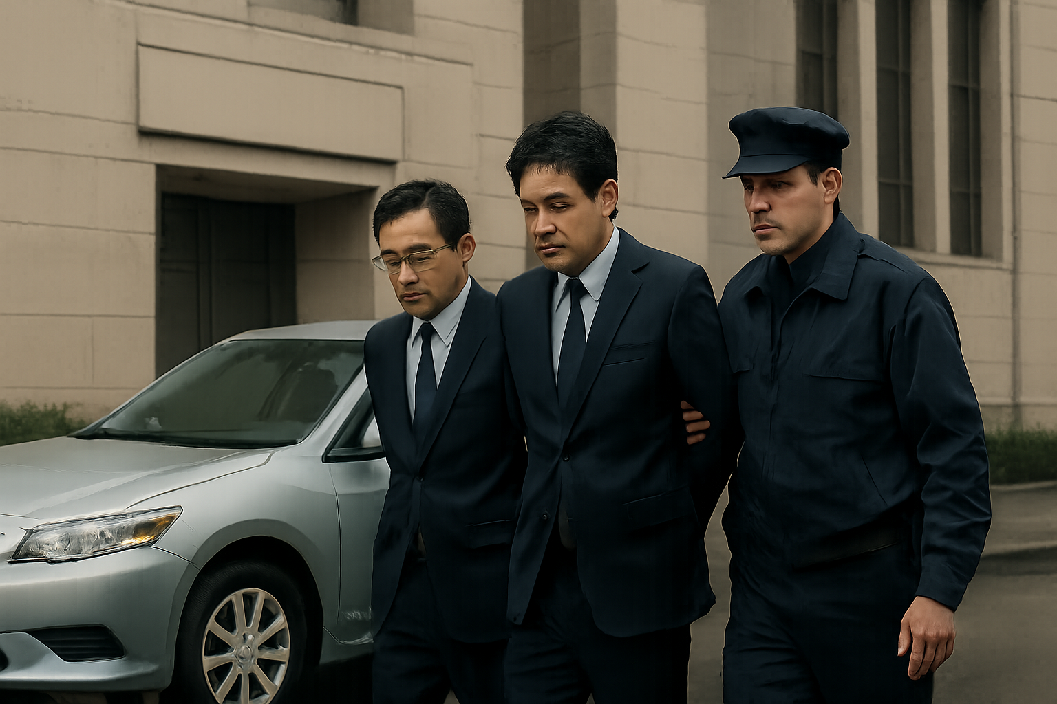 Three men in dark suits, one in a police uniform, walk beside a silver car against a stone building in muted daylight