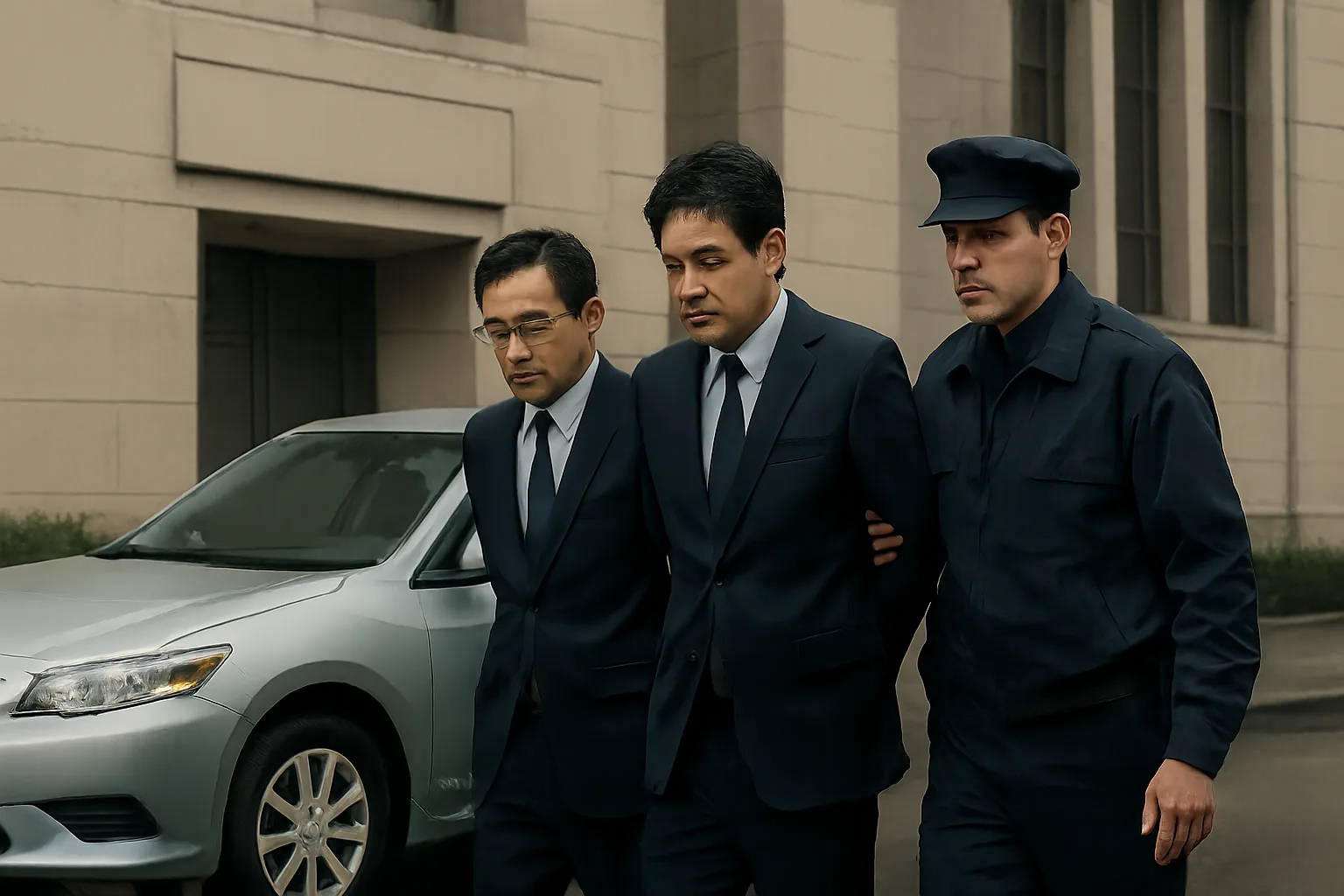 Three men in dark suits, one in a police uniform, walk beside a silver car against a stone building in muted daylight