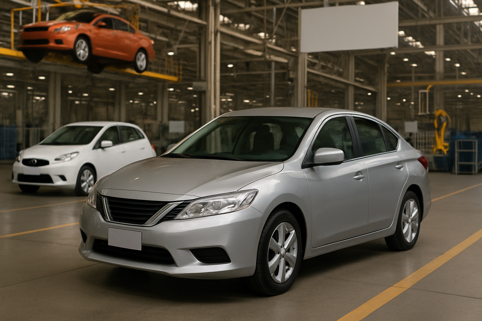 Silver sedan in a spacious, well-lit factory with a white hatchback and an orange car visible in the background