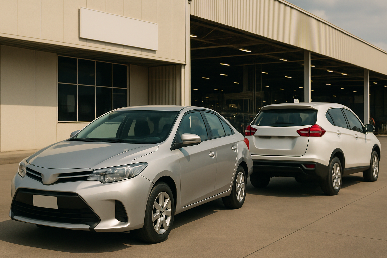 Two silver sedans parked outside a large industrial building under a cloudy sky