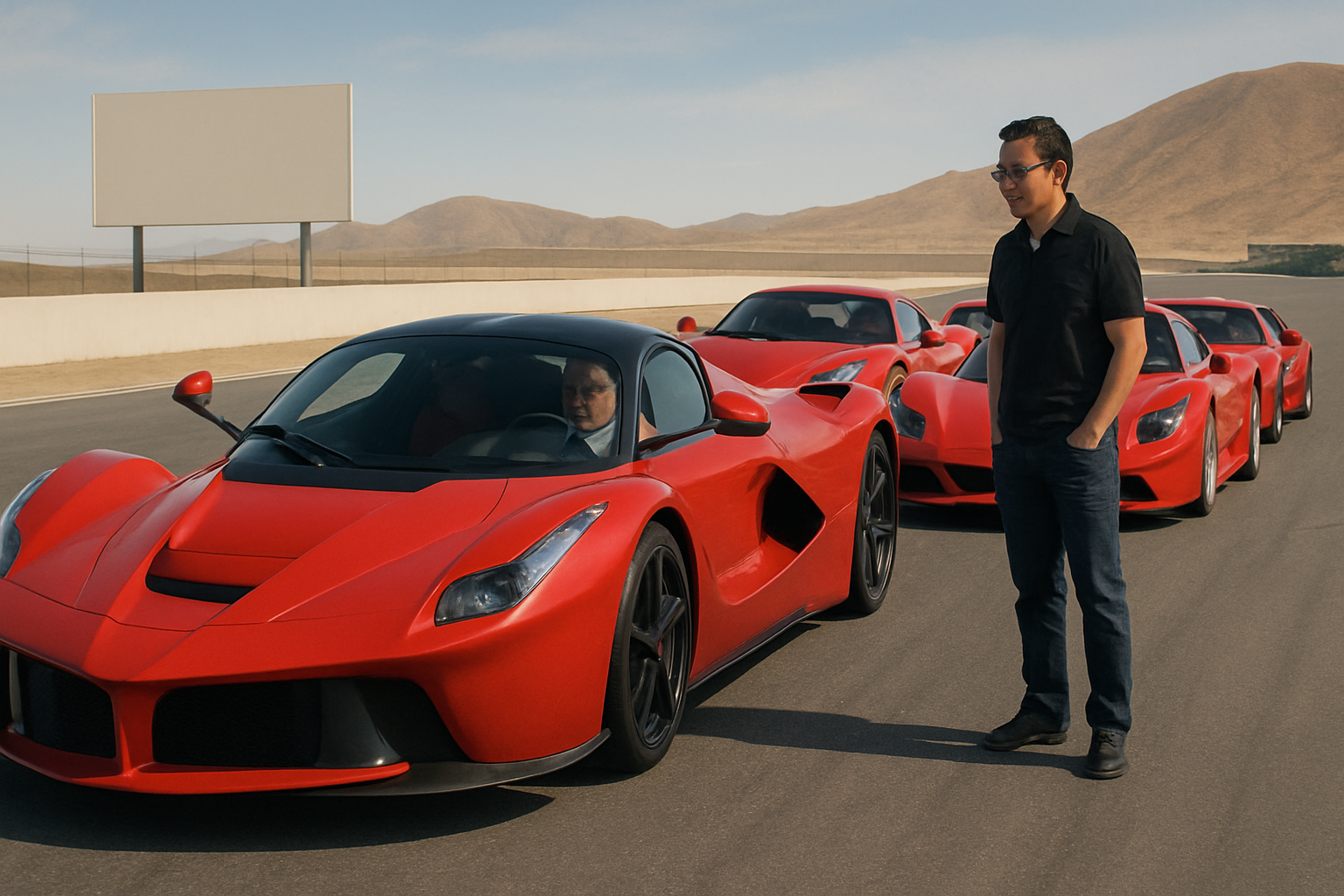 Five sleek red sports cars in a diagonal line on a sunlit racetrack with two men, one driving and one standing, mountains behind