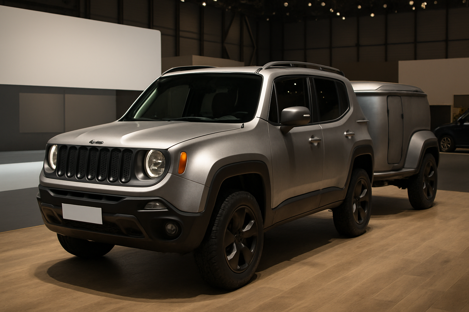 Matte grey compact SUV with dark alloy wheels and matching streamlined trailer on a wood-finish display under soft spotlighting