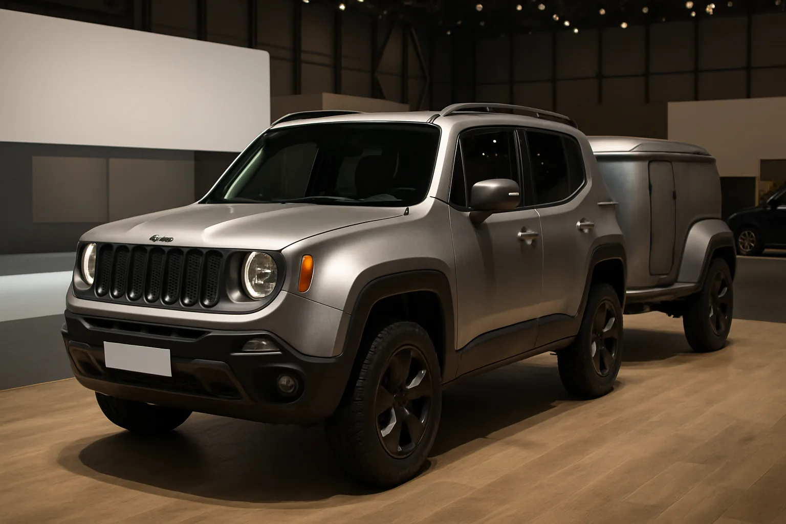 Matte grey compact SUV with dark alloy wheels and matching streamlined trailer on a wood-finish display under soft spotlighting