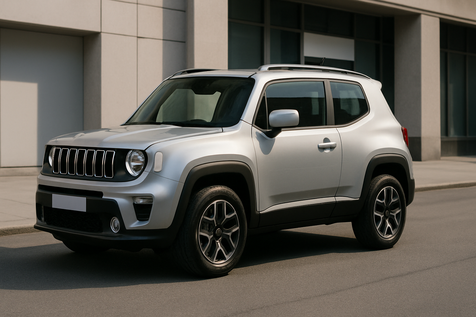 Compact silver three-door SUV with dark trim parked on an urban street in front of a modern concrete building