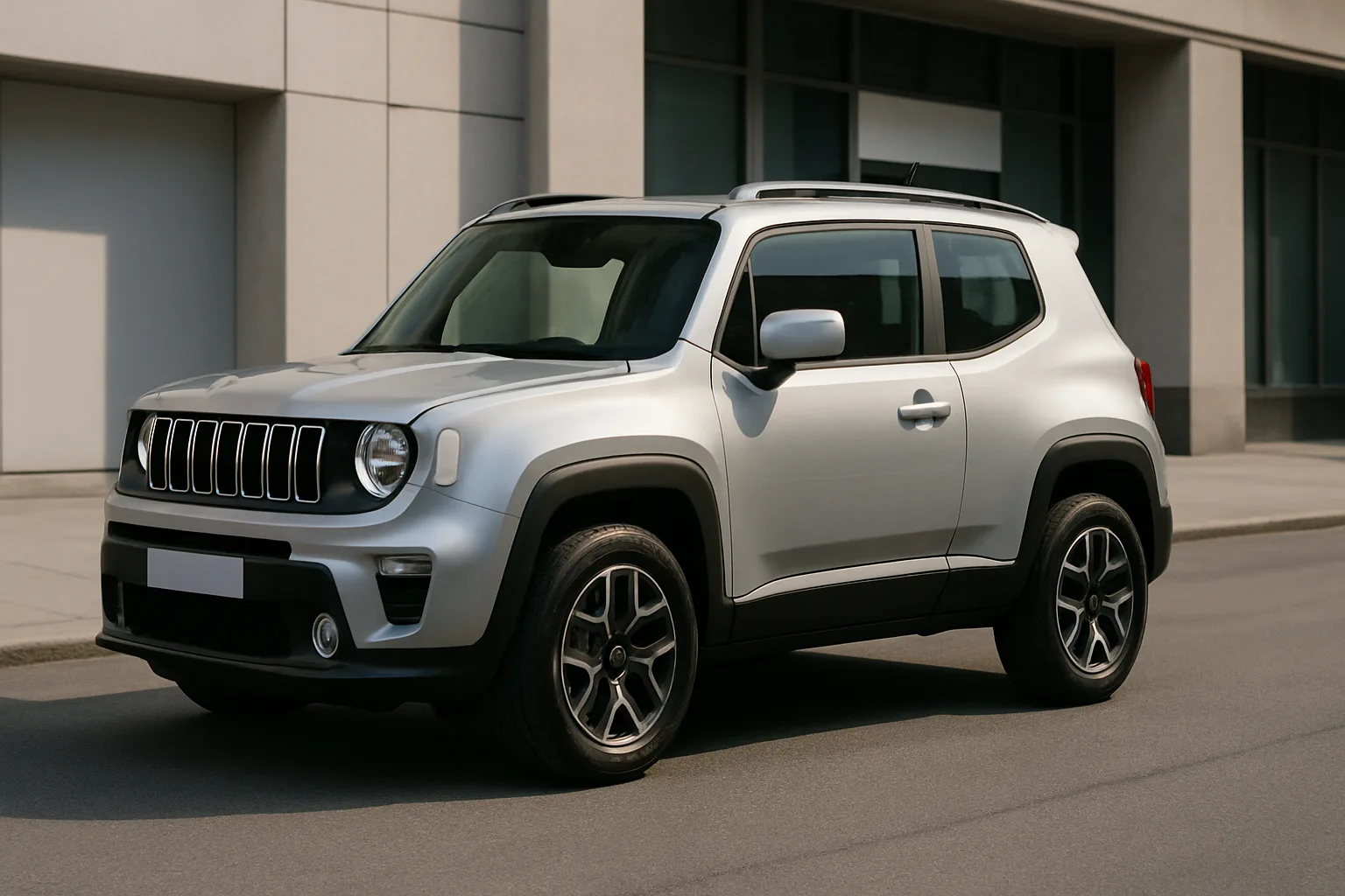 Compact silver three-door SUV with dark trim parked on an urban street in front of a modern concrete building