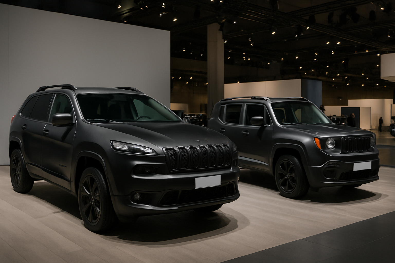 Two matte black SUVs with dark alloy wheels displayed on a light wooden floor under warm exhibition lighting