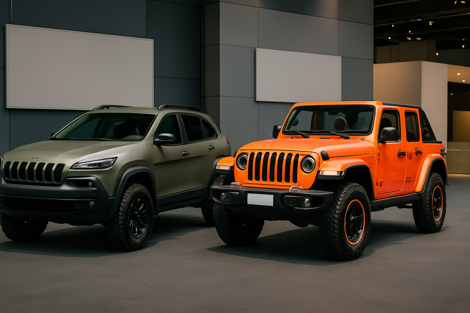Matte olive-green SUV and bright orange off-road vehicle with black accents parked indoors under soft lighting
