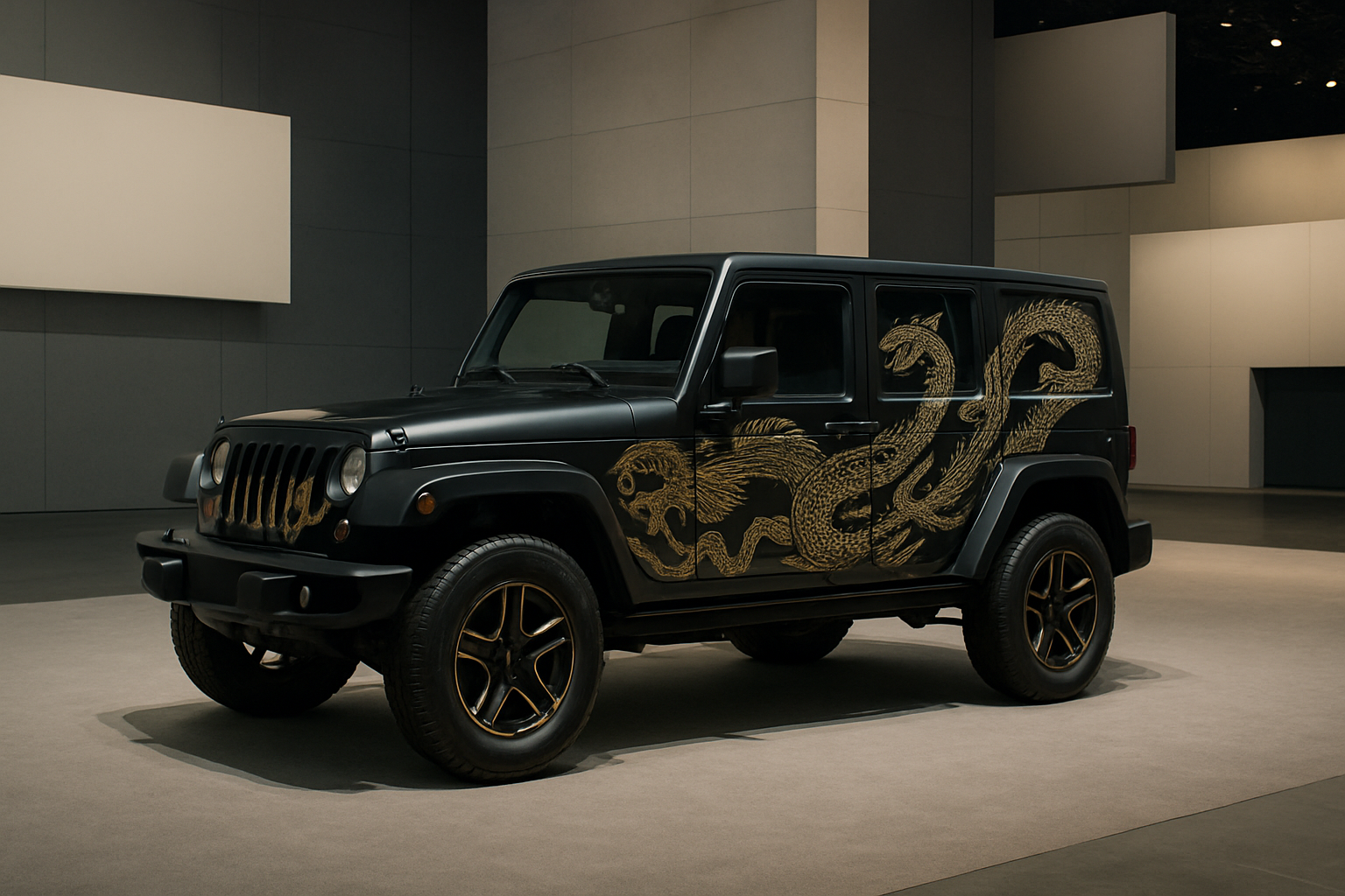 Matte black off-road vehicle with gold dragon graphics on the side, bronze-accented wheels, and geometric display backdrop