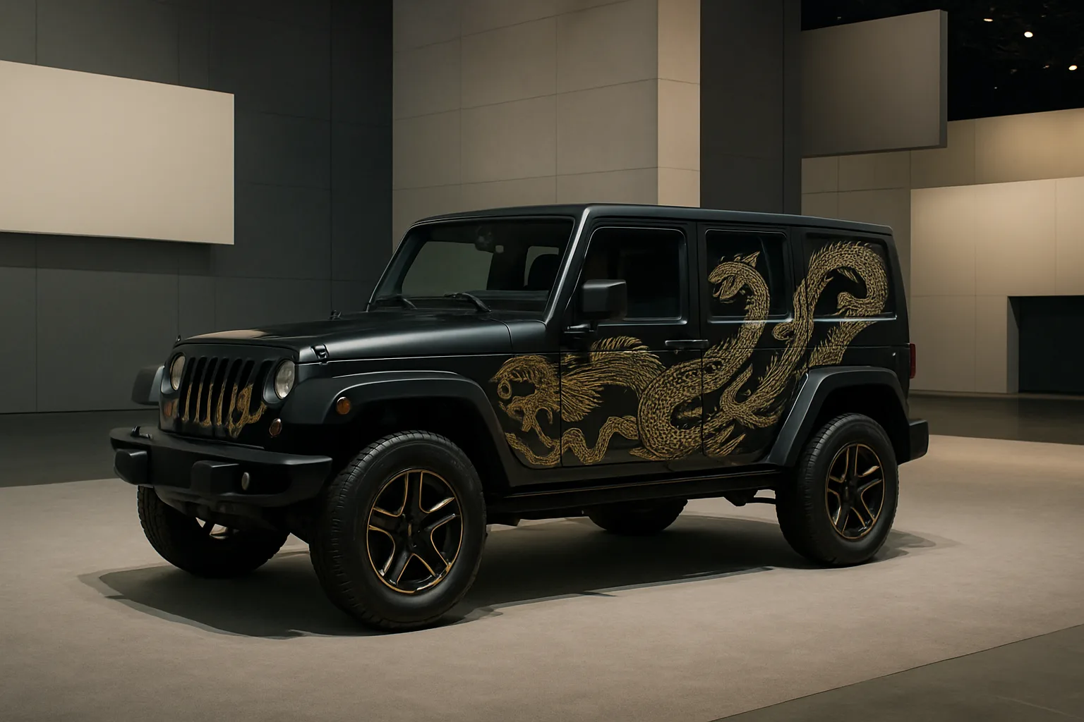 Matte black off-road vehicle with gold dragon graphics on the side, bronze-accented wheels, and geometric display backdrop