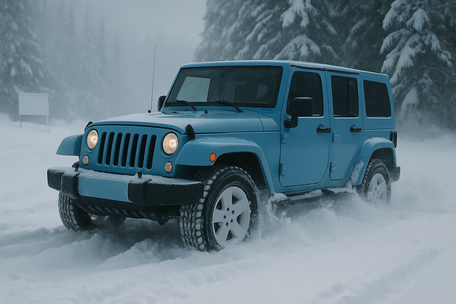 Boxy blue off-road vehicle driving through deep snow with headlights on, surrounded by snow-covered pine trees in soft daylight