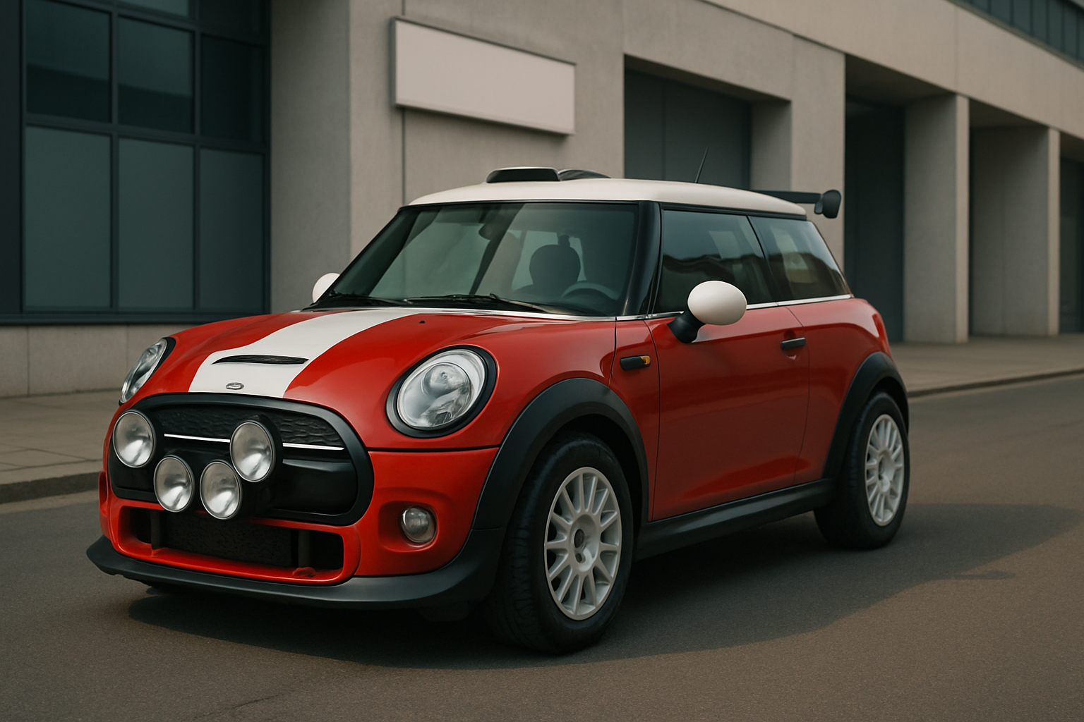 Bright red hatchback with white roof and racing stripes, four rally lights on the grille, parked beside a modern building