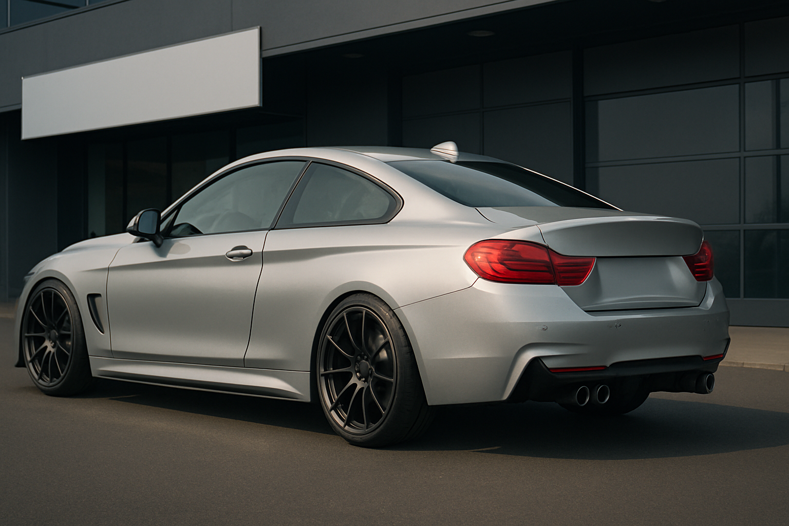 Matte silver coupe with sculpted body lines, tinted windows, dark alloy wheels and quad exhausts parked by a modern building