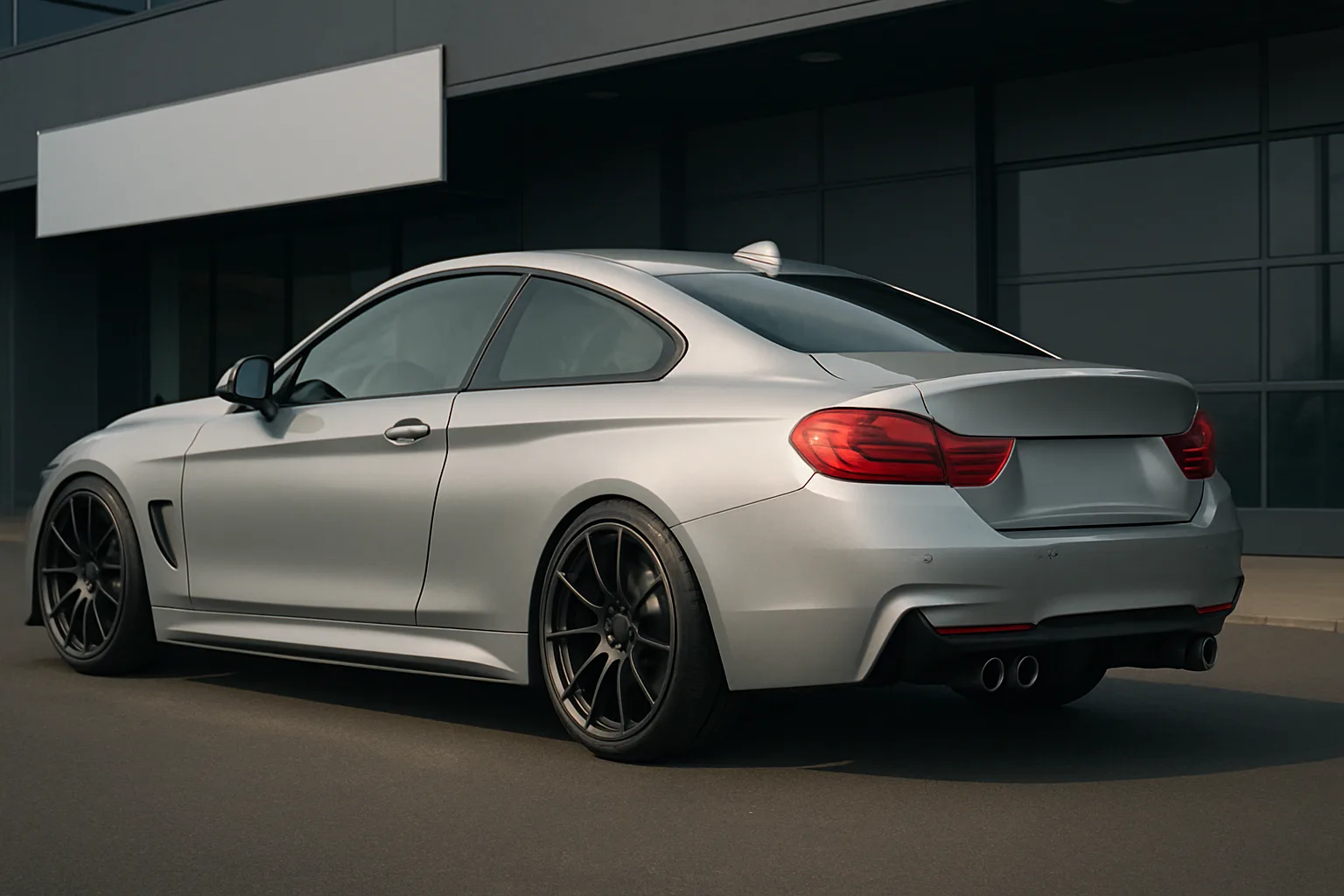 Matte silver coupe with sculpted body lines, tinted windows, dark alloy wheels and quad exhausts parked by a modern building