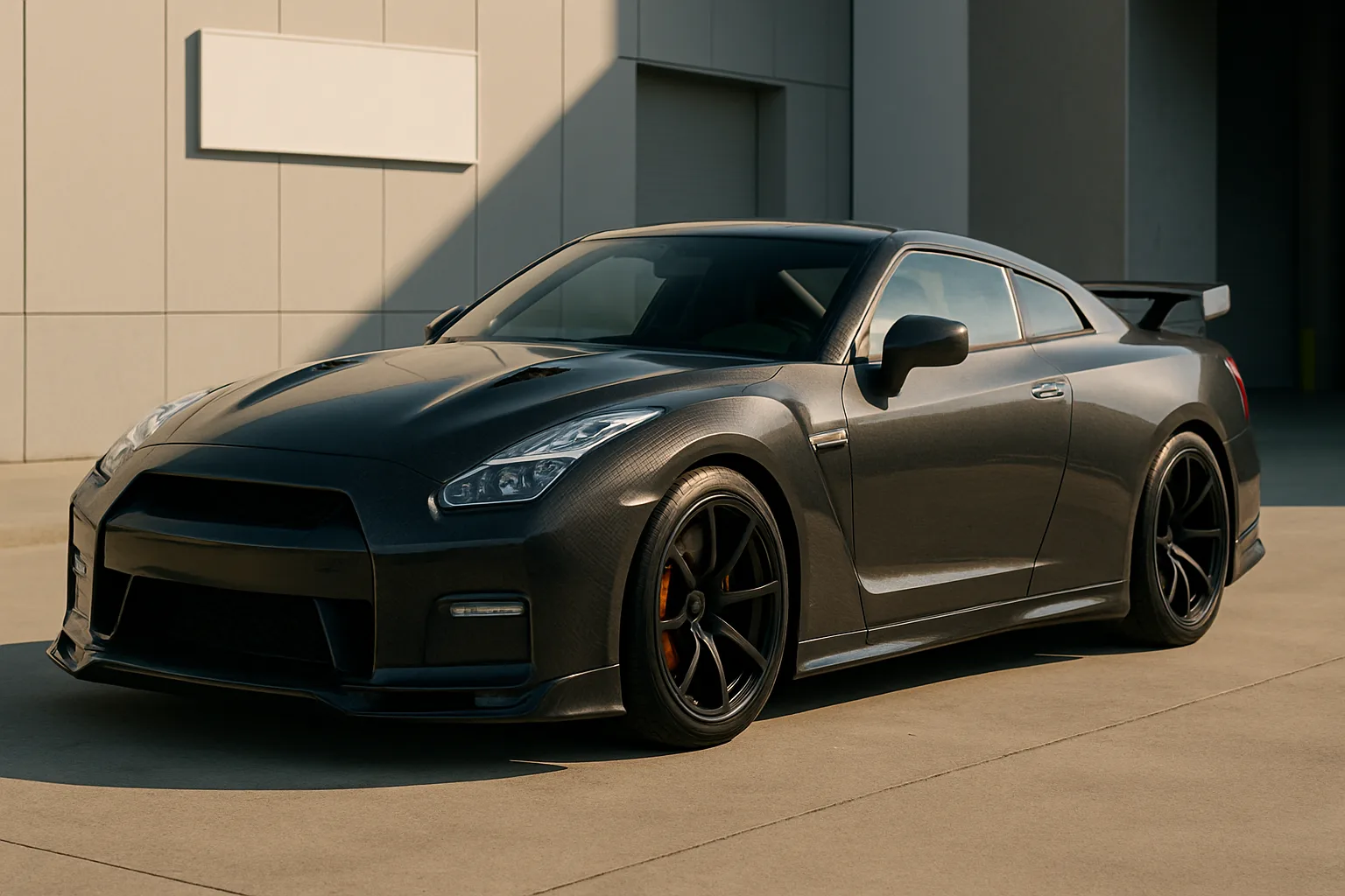 Sleek black coupe with carbon fibre texture, tinted windows and rear wing is parked on sunlit concrete outside a modern building