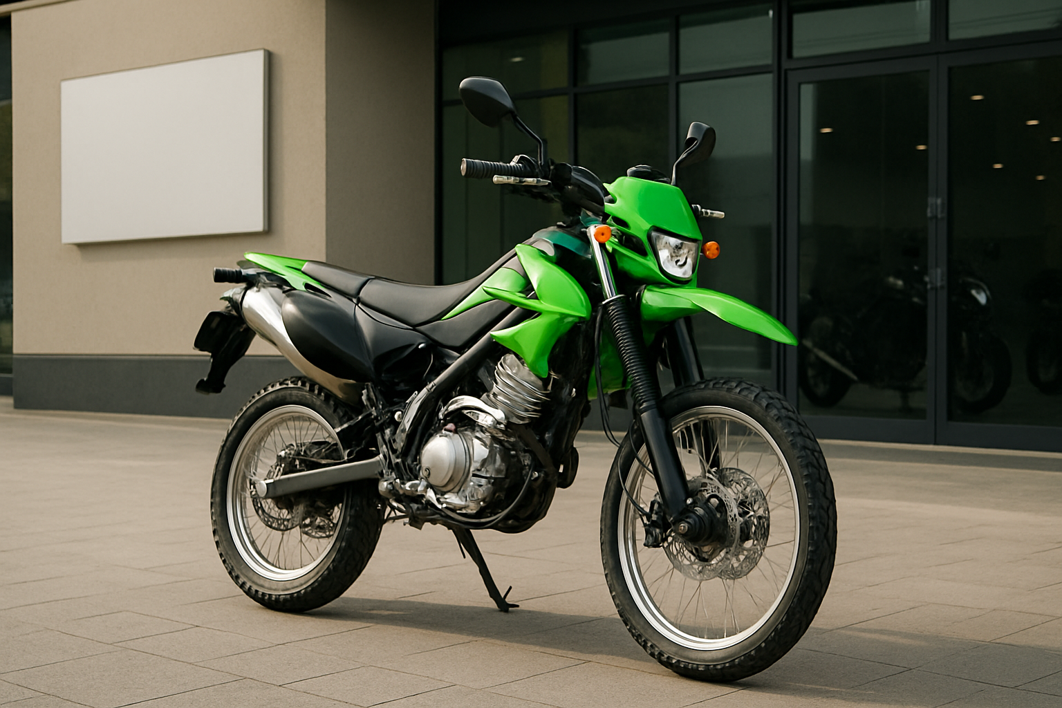 Bright green off-road style motorcycle with black seat and silver engine parked on pale tiles in front of large windows