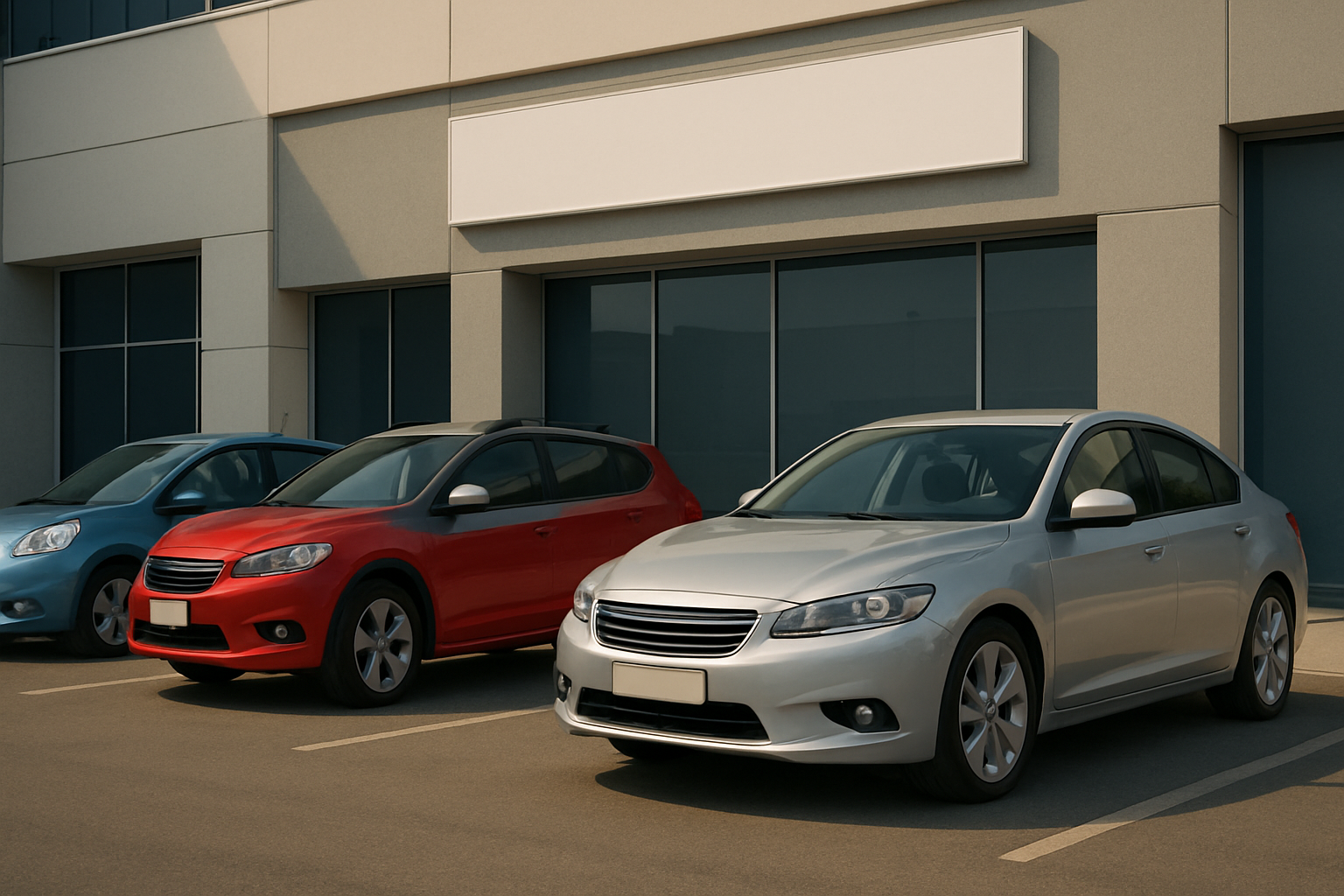 Three modern cars in blue, red, and silver parked side by side in front of a beige building with large windows