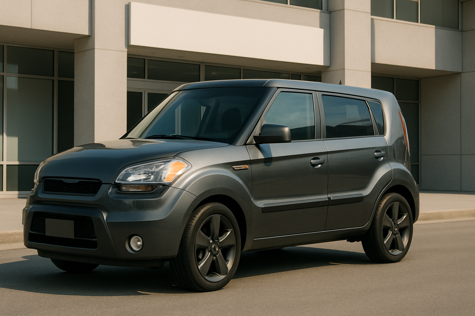 Angular compact grey car with black wheels parked by a modern building with large windows and beige panels