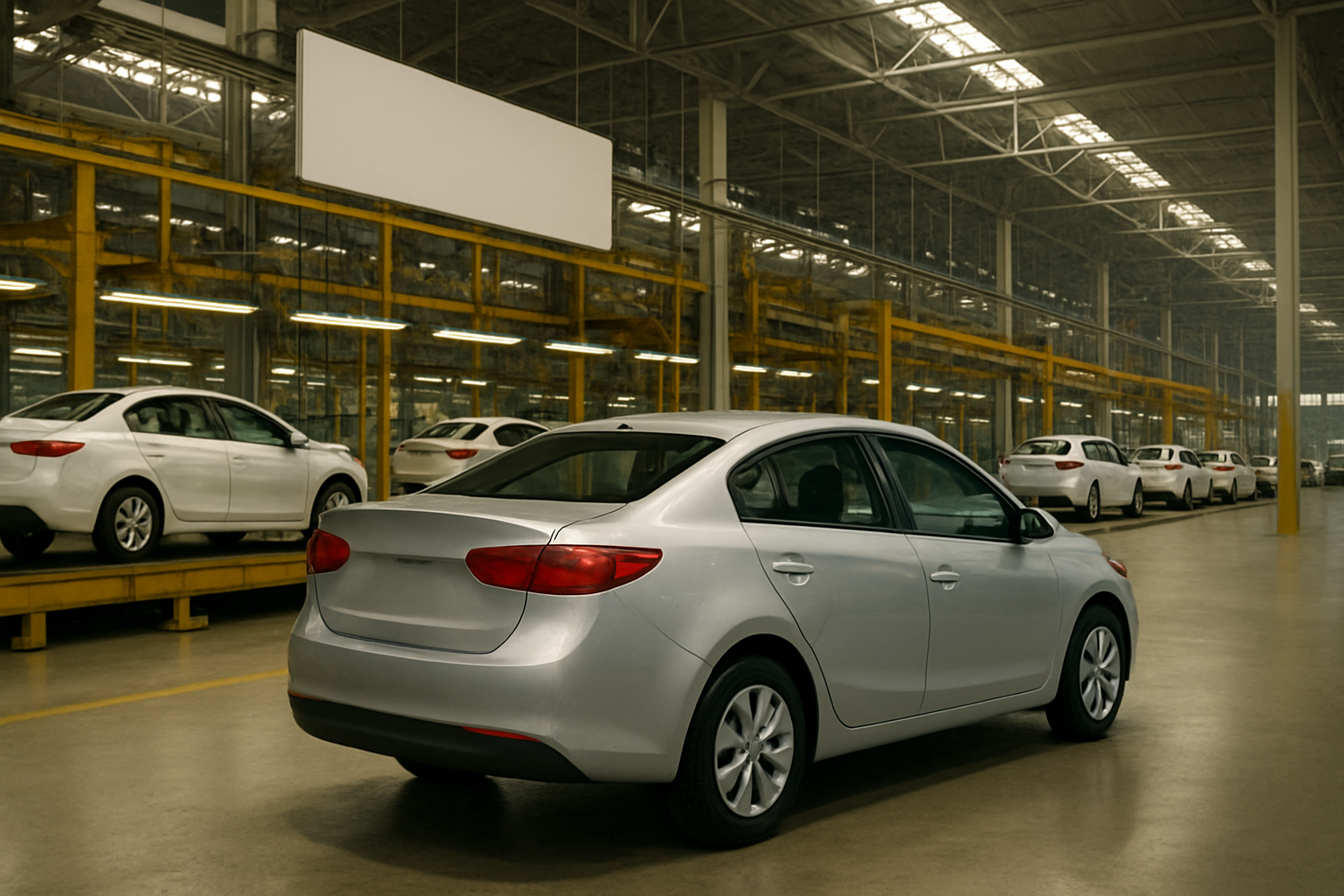 A silver sedan sits in a spacious, well-lit factory surrounded by identical white cars lined up along yellow rails