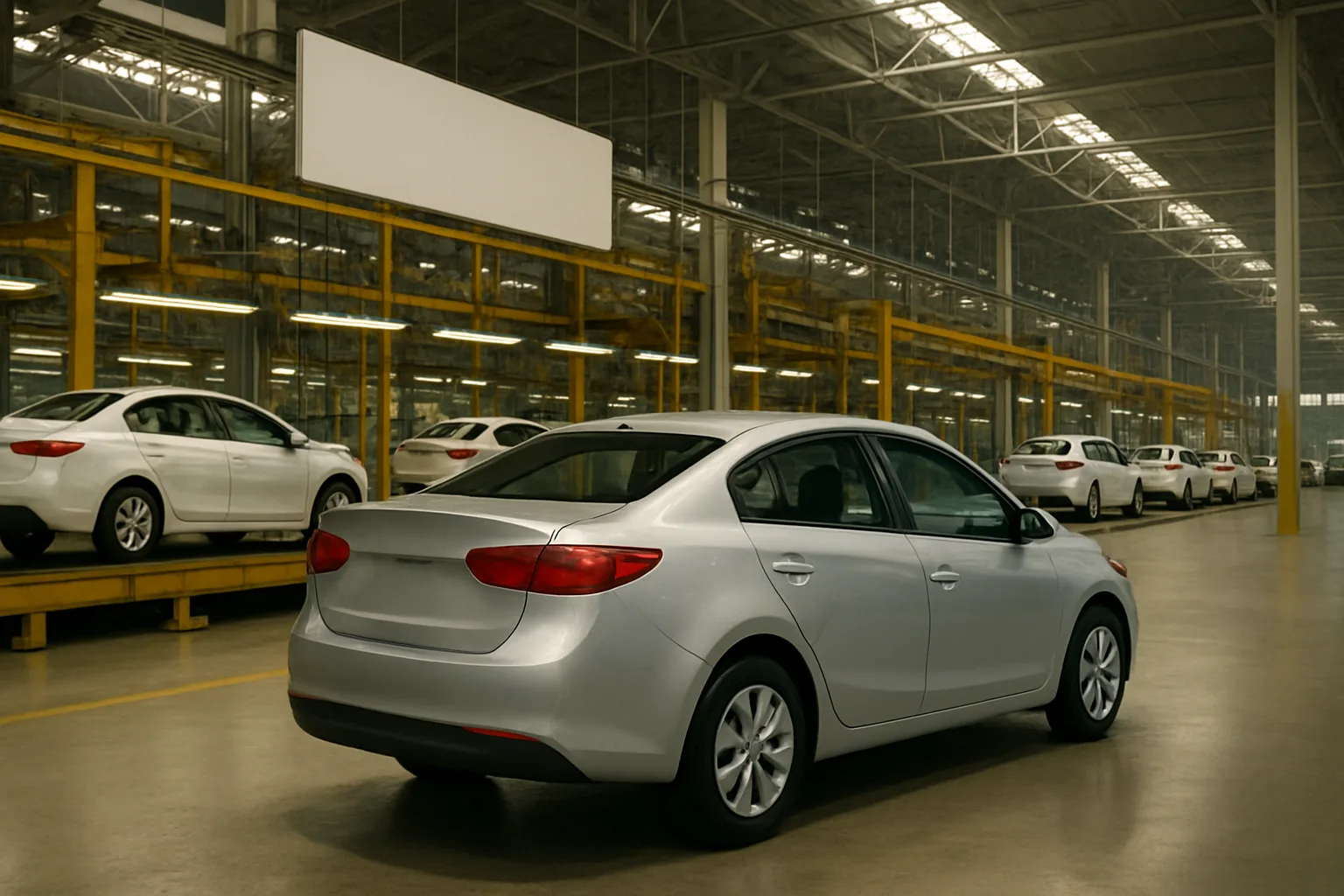A silver sedan sits in a spacious, well-lit factory surrounded by identical white cars lined up along yellow rails