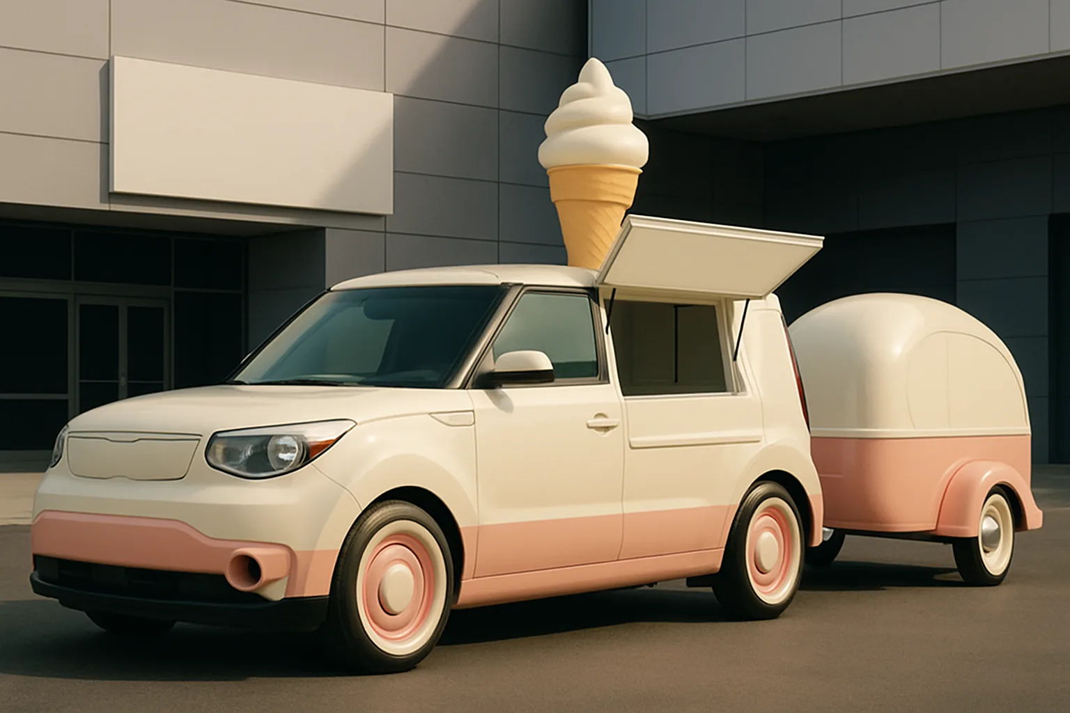 Cream and pink van with matching trailer, oversized ice cream cone on roof, parked by a modern grey building in daylight