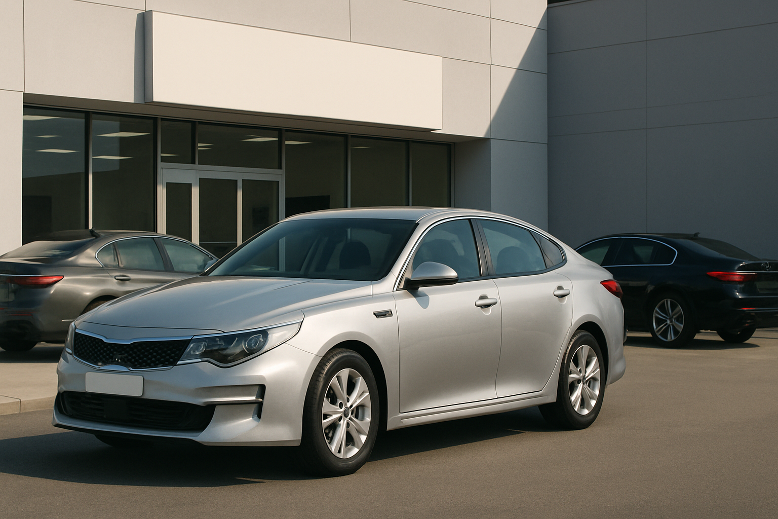 A silver sedan parked in front of a modern building with large glass doors and two darker cars in the background