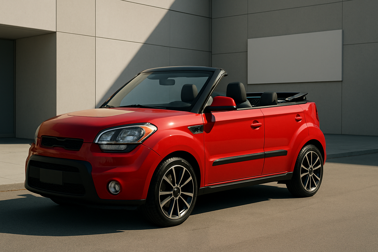 A red convertible car with black accents and alloy wheels parked in front of a modern concrete building in sunlight