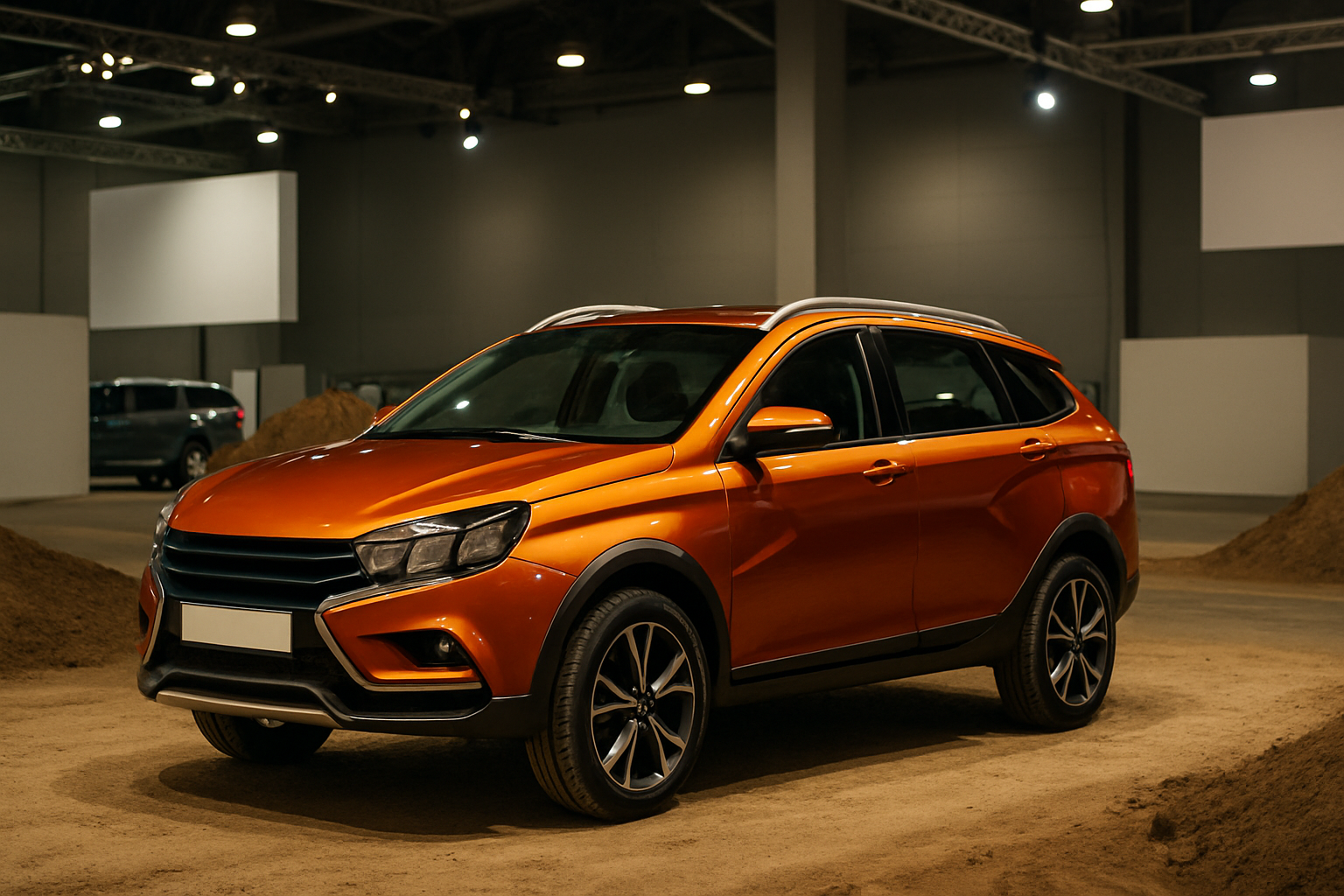 Angular orange crossover vehicle with black accents and silver roof rails displayed under indoor spotlights on a dirt floor