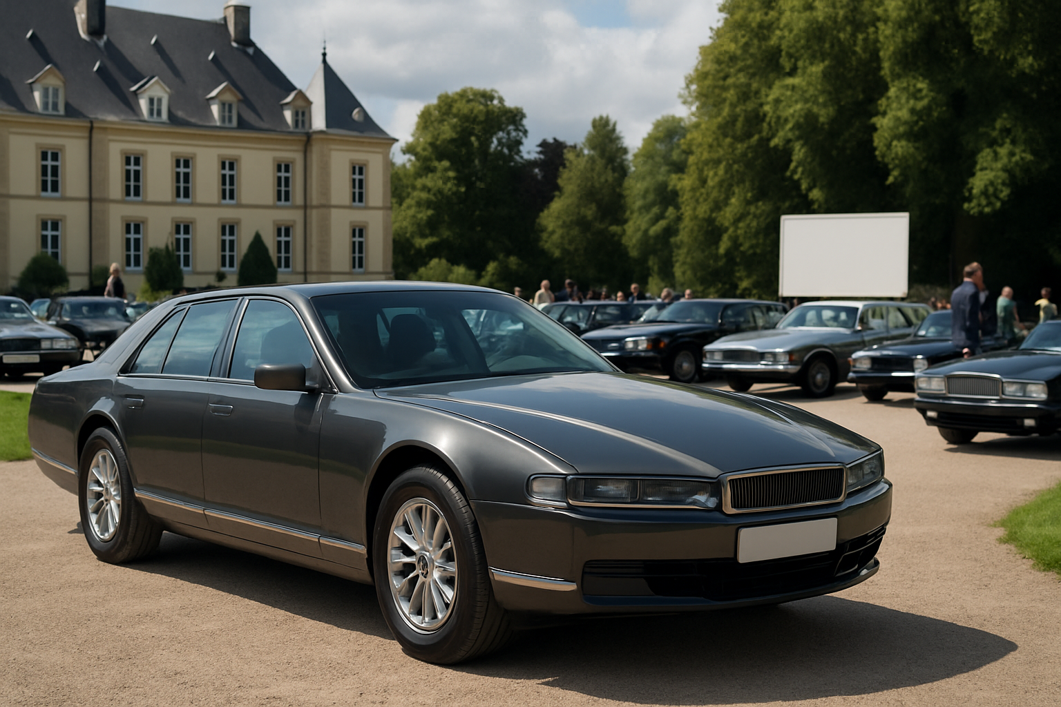 A sleek, dark grey classic car with chrome accents parked on a gravel drive among similar vehicles, manor house in background