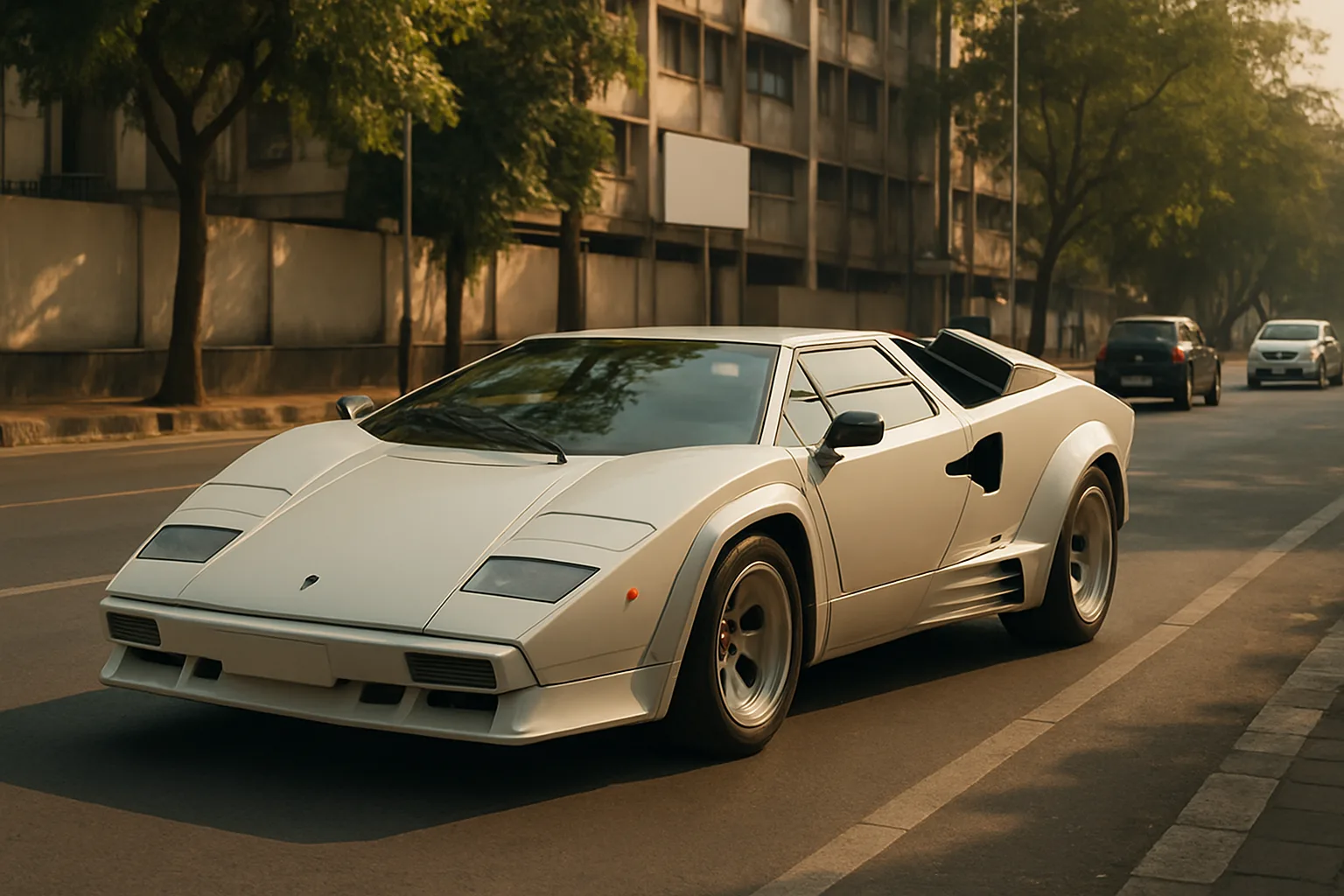 Wedge-shaped white sports car with sharp angles and pop-up headlights parked on a sunlit urban street with trees and buildings