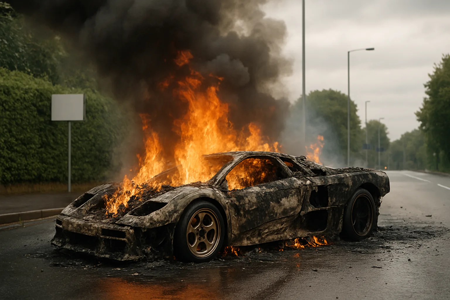 A severely burnt sports car engulfed in bright flames and thick black smoke on an empty roadside