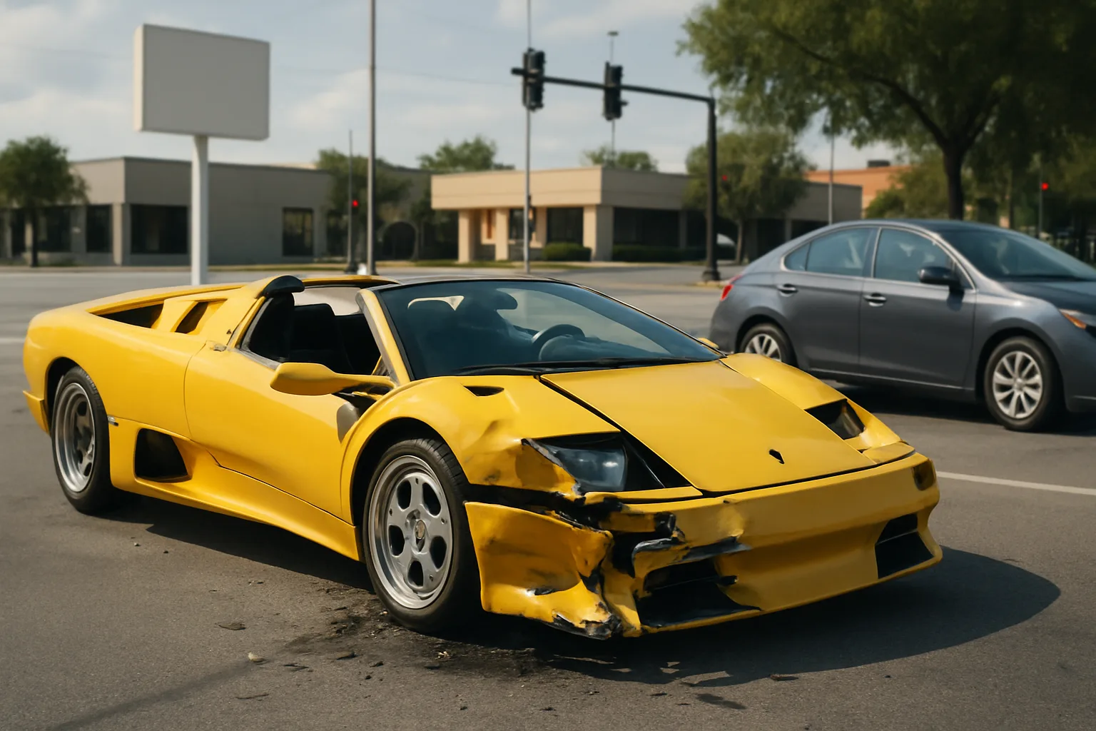 Yellow sports car with significant front and side damage parked on a street near a gray sedan and office buildings