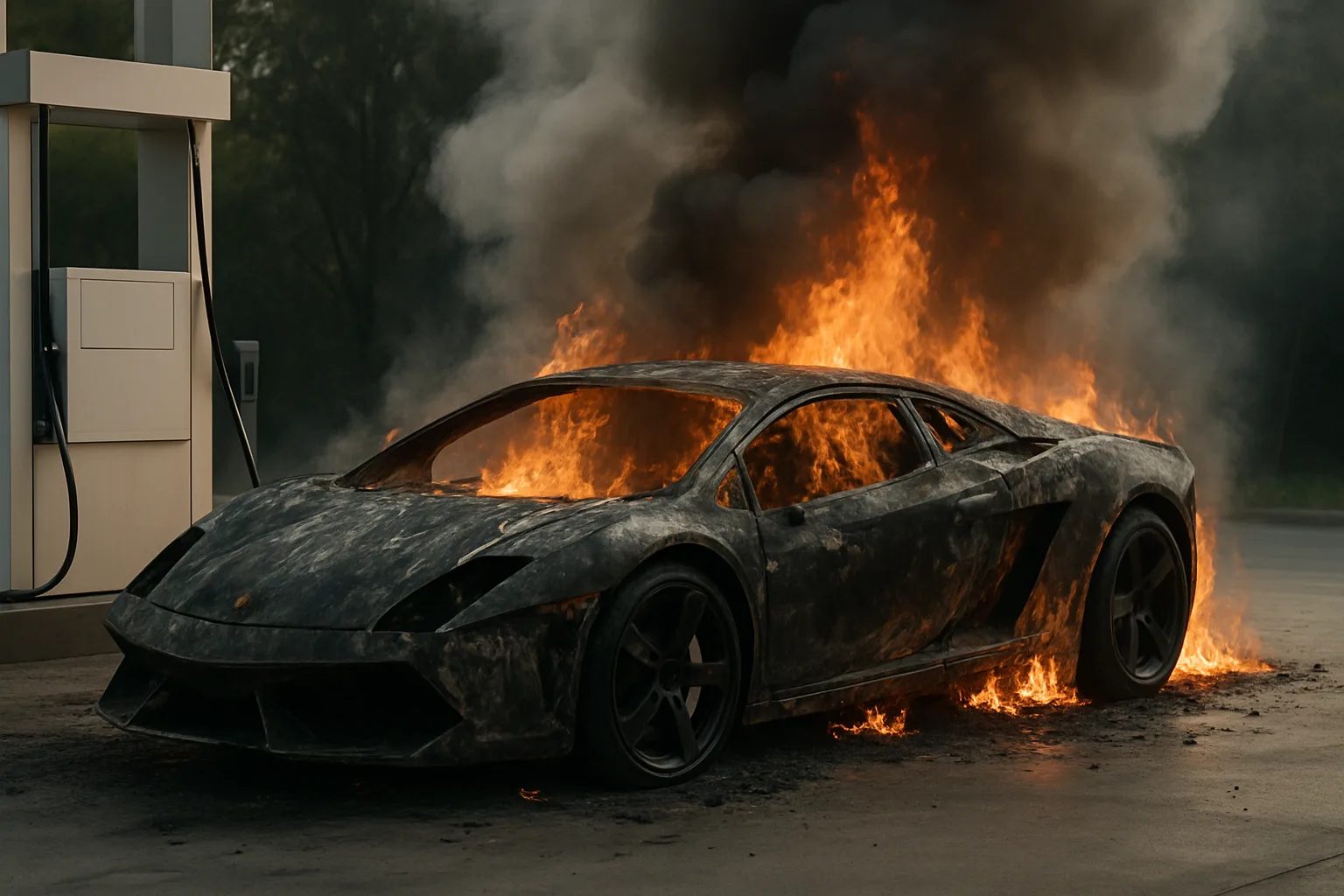A sleek sports car engulfed in bright orange flames and thick black smoke beside a petrol pump on a grey forecourt