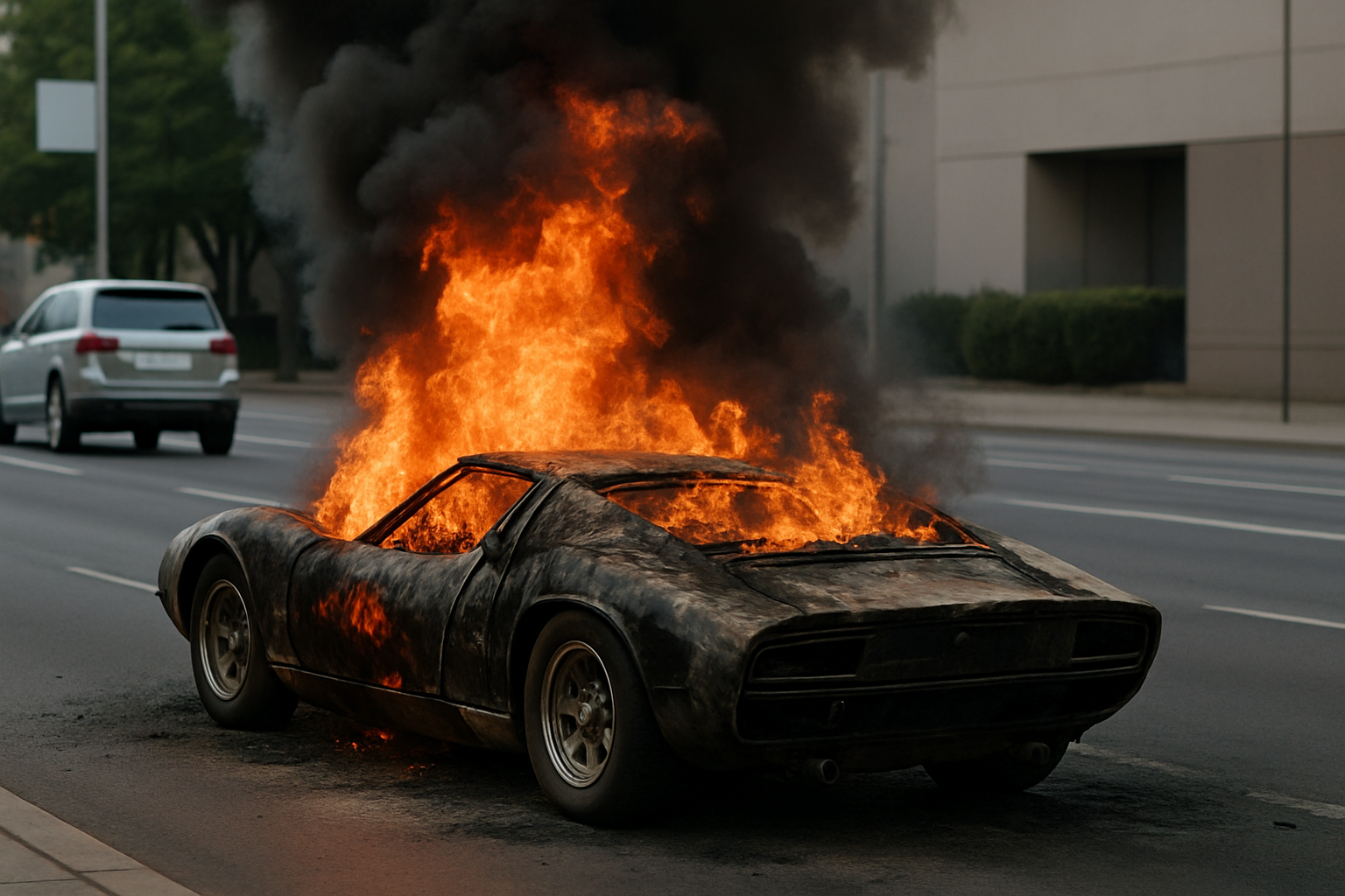 Charred sports car engulfed in bright orange flames with thick black smoke on an empty city street