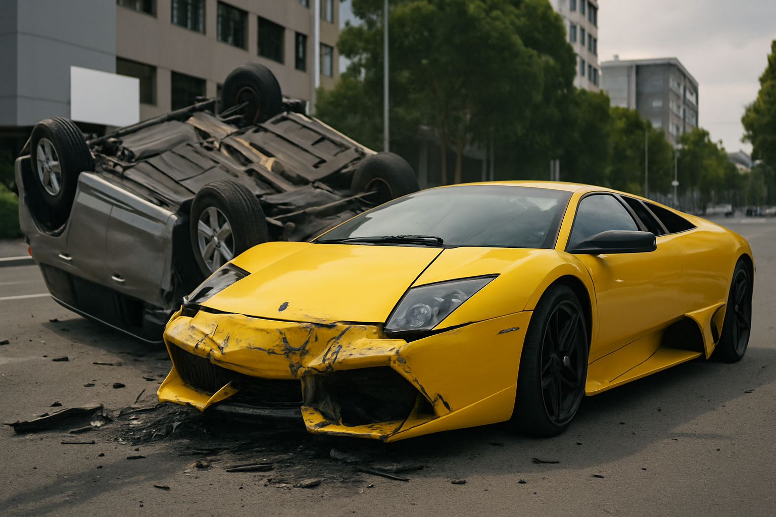 A low yellow sports car with a damaged front beside an overturned silver SUV on an empty city street