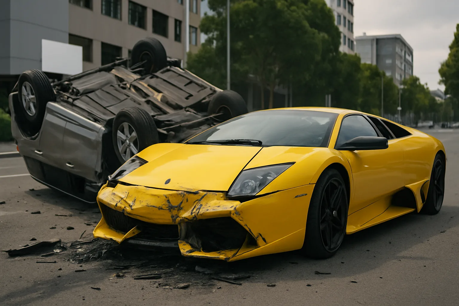 A low yellow sports car with a damaged front beside an overturned silver SUV on an empty city street