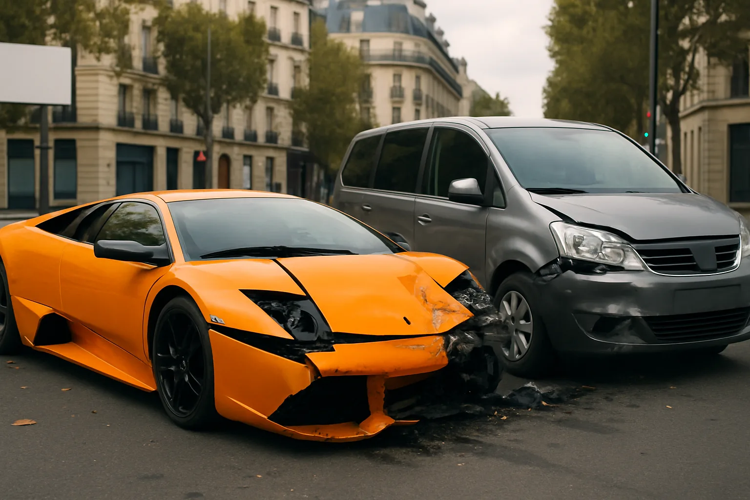 A bright yellow sports car with a shattered front end and a grey minivan with a crumpled side on a city street