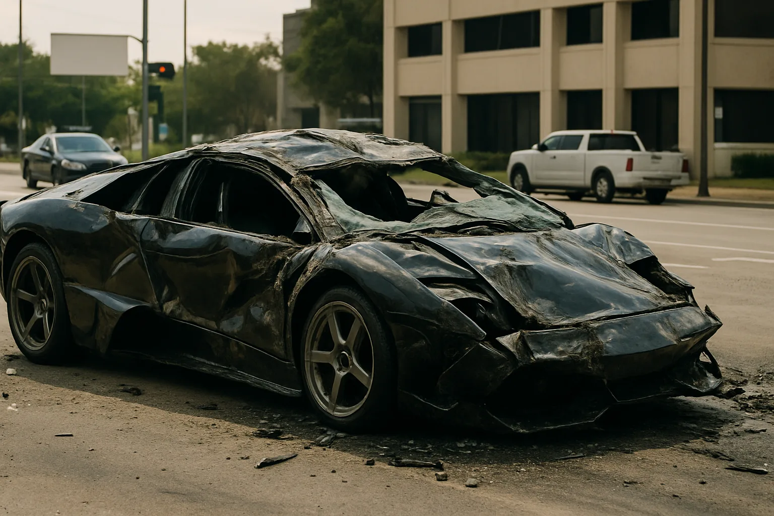 Shiny black sports car with severe body damage sits wrecked on a sunlit city street near modern office buildings