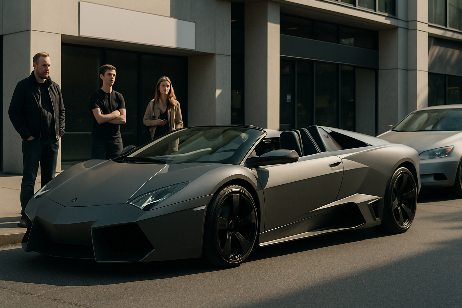 Angular matte grey convertible with sharp lines parked on a street, three people standing nearby in soft daylight