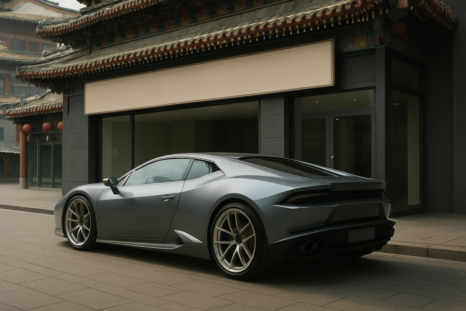 Sleek silver sports car parked on a stone-paved street in front of a traditional Chinese-style building under overcast light