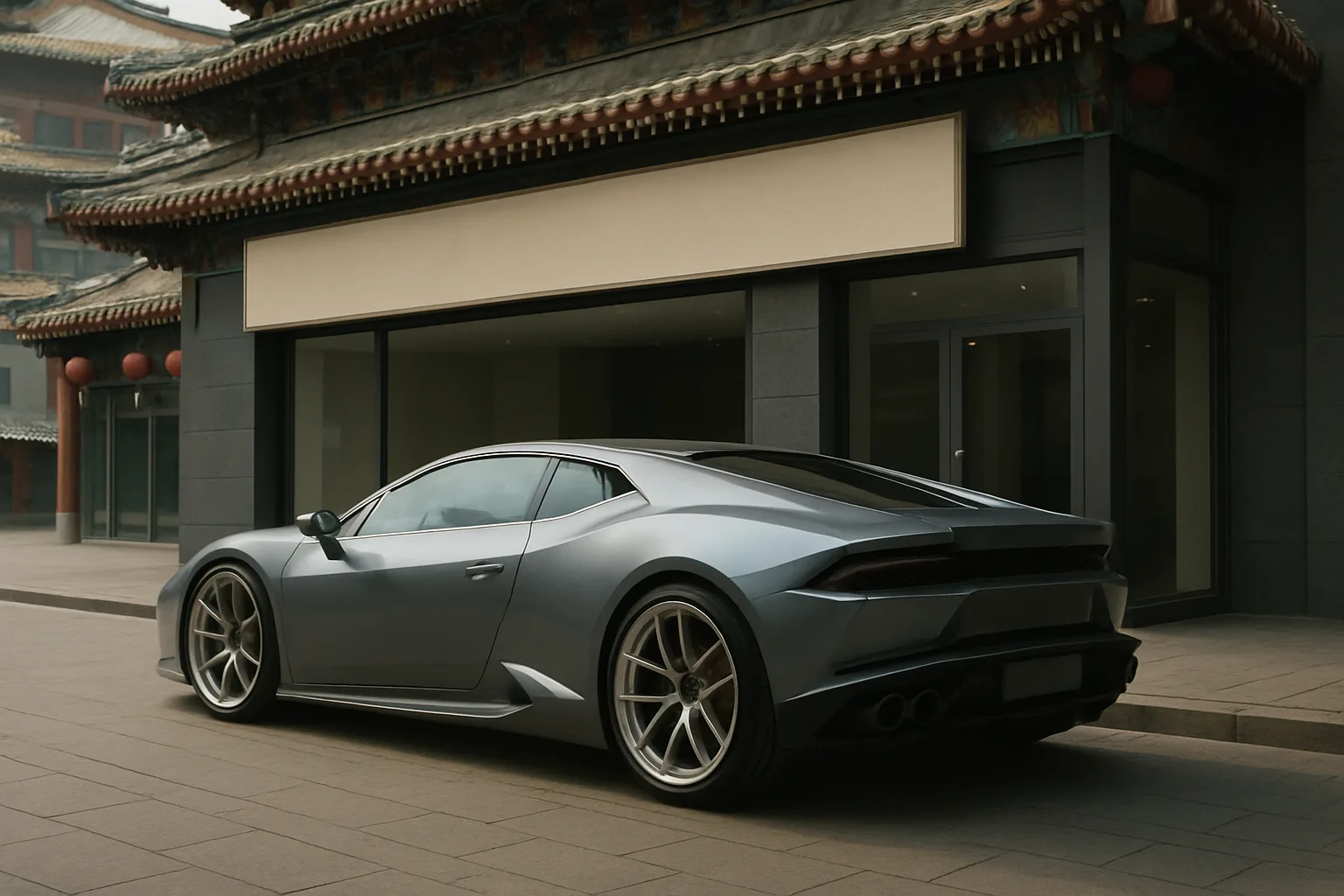 Sleek silver sports car parked on a stone-paved street in front of a traditional Chinese-style building under overcast light