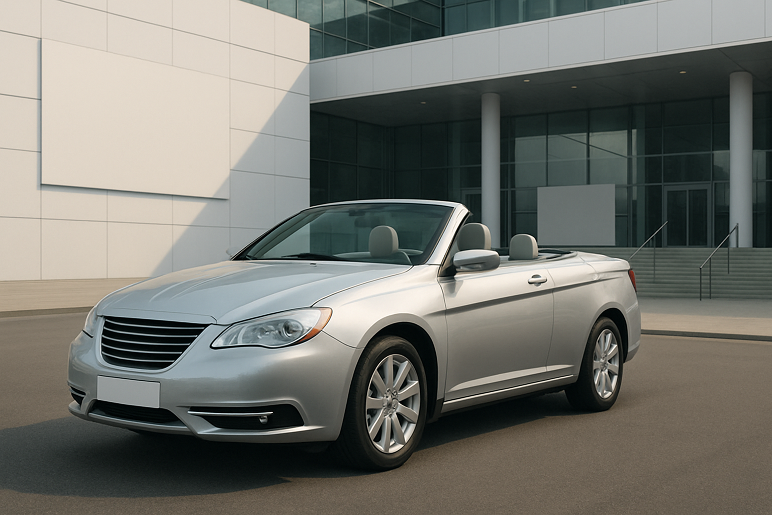 Silver convertible car with the top down parked on smooth asphalt in front of a modern glass and white building