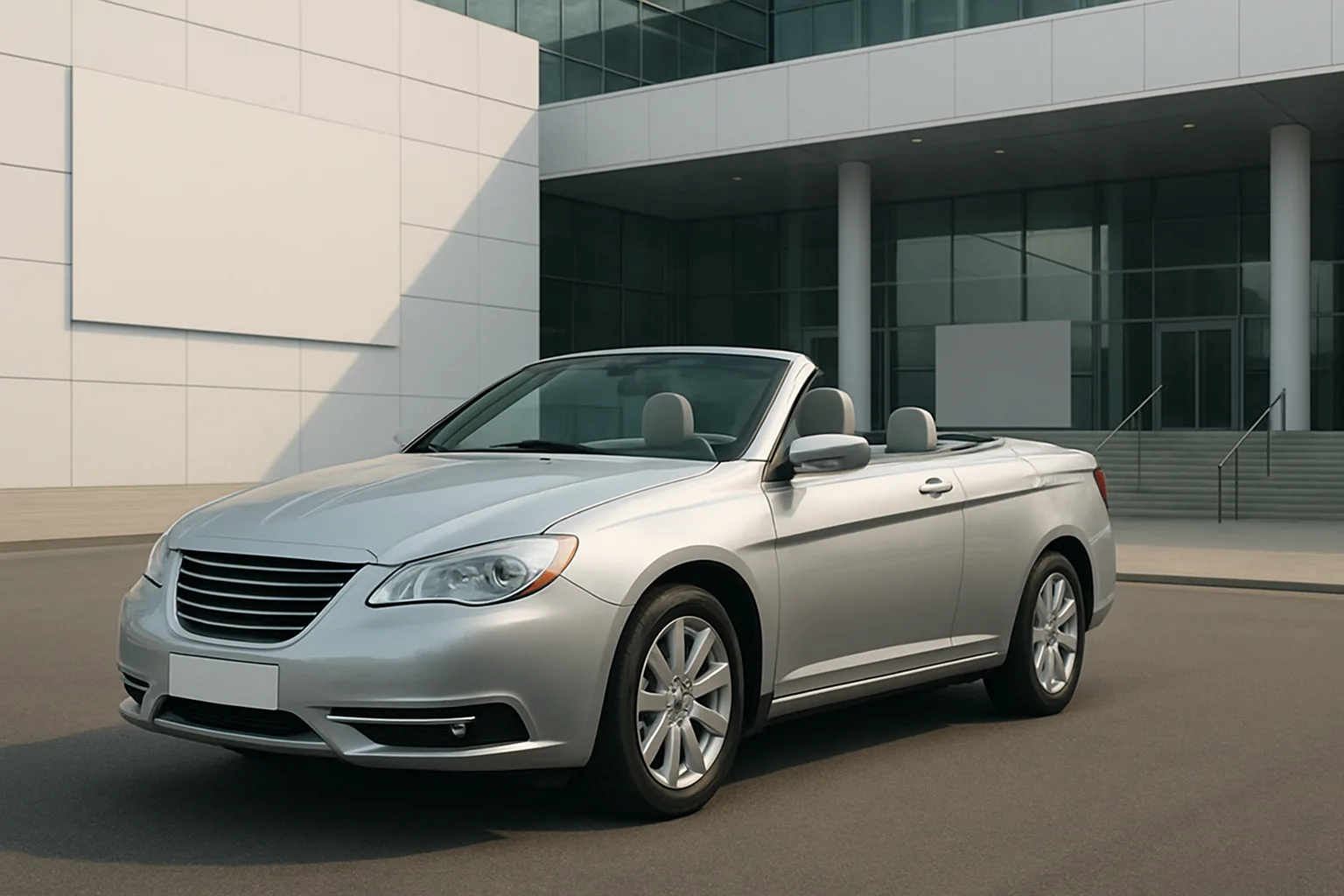 Silver convertible car with the top down parked on smooth asphalt in front of a modern glass and white building