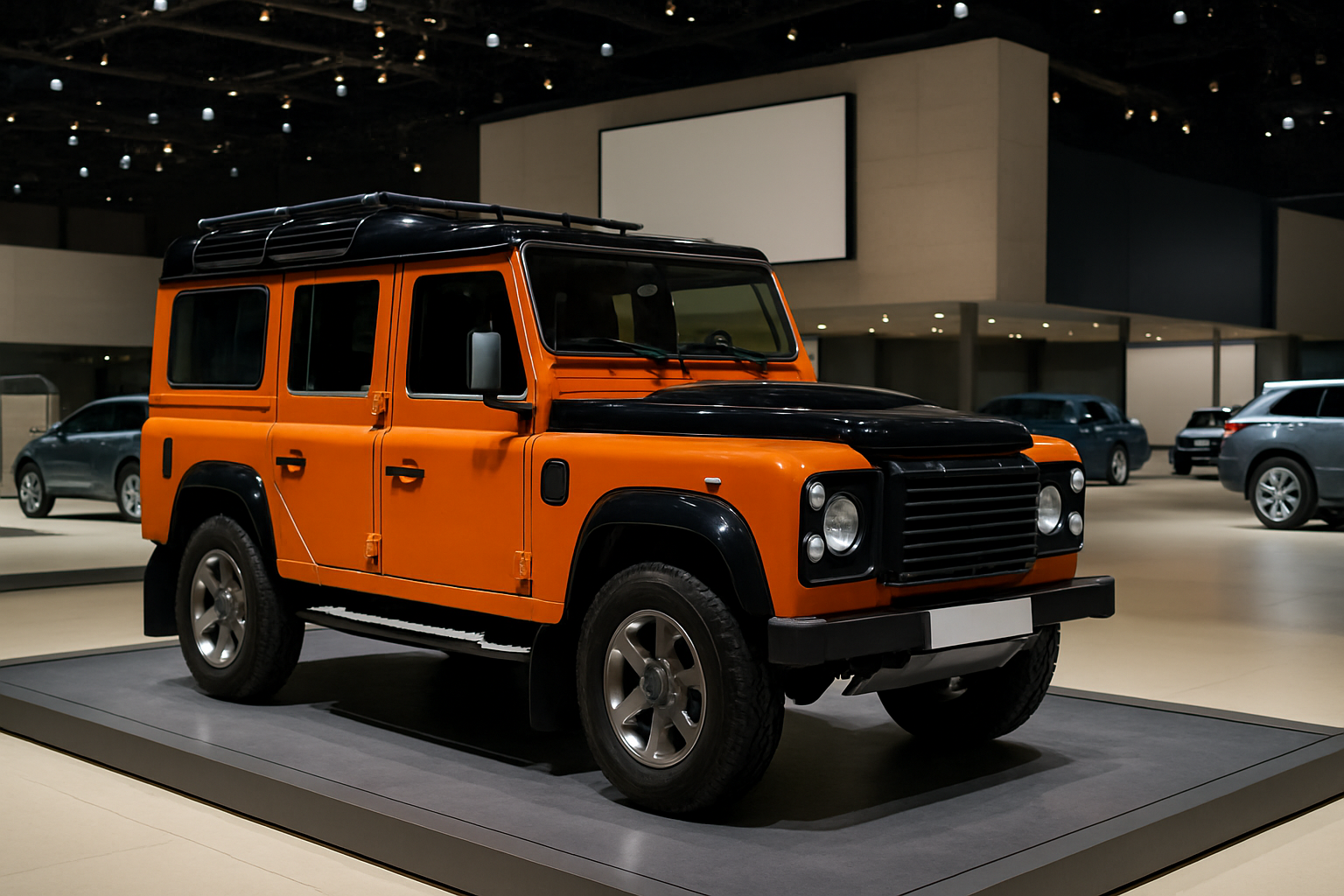 Boxy orange and black SUV with rugged detailing displayed on a platform under soft indoor lighting
