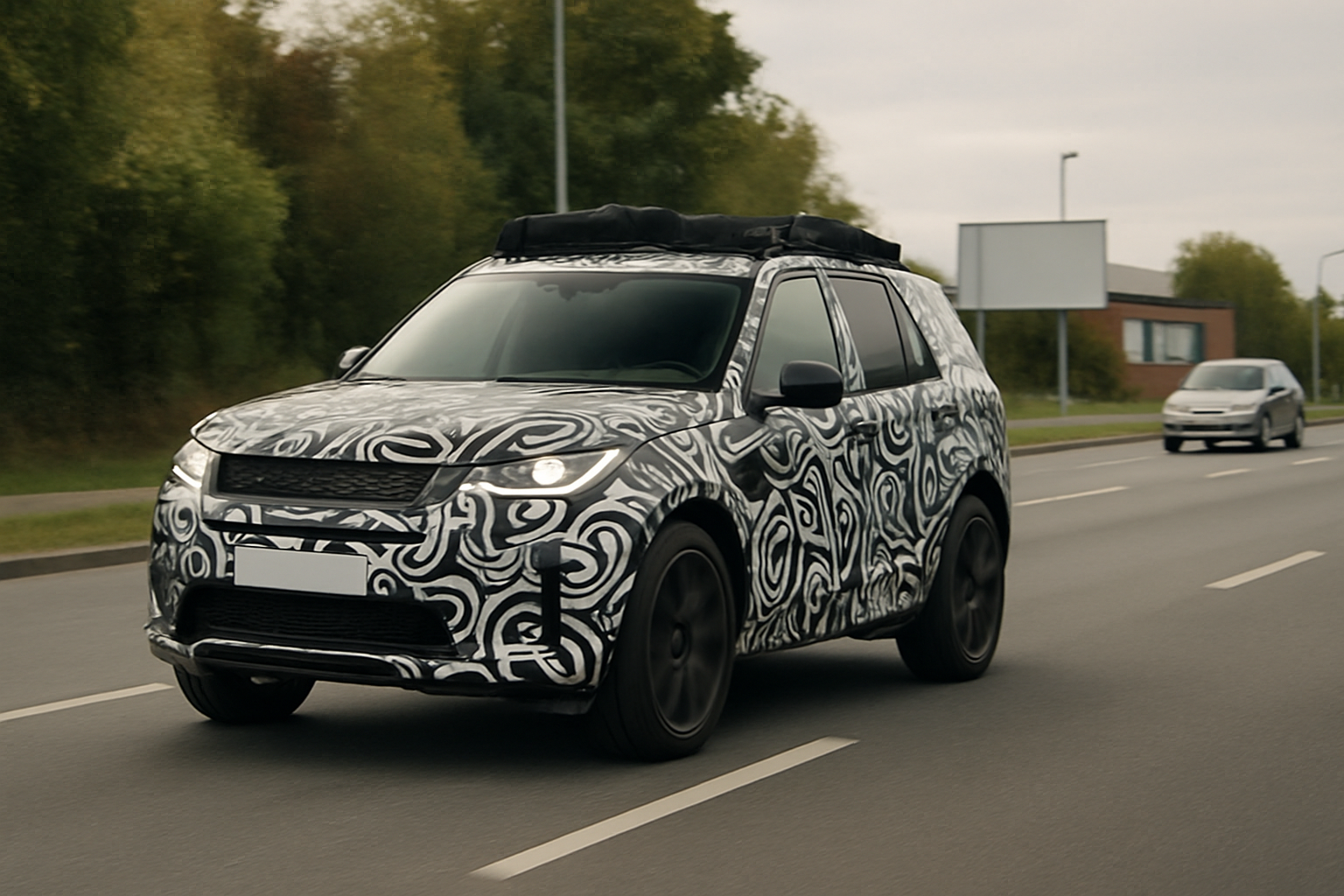 Camouflaged SUV with black and white swirling patterns driving on a road bordered by trees and buildings under overcast skies