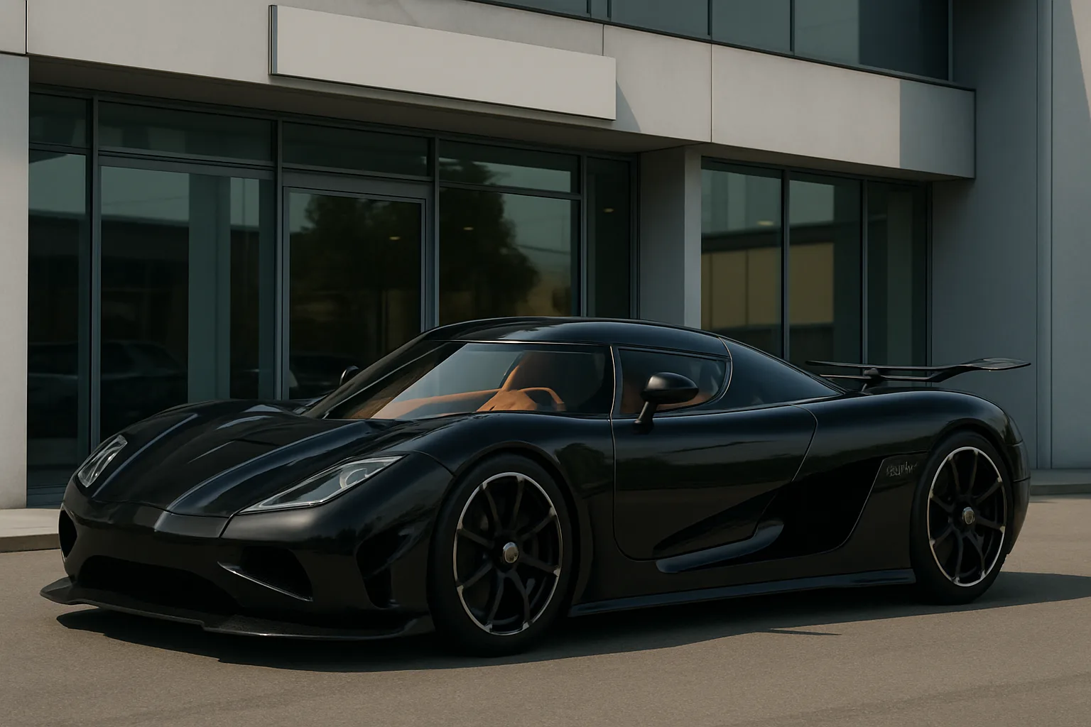 Sleek black sports car with glossy finish and dark wheels parked on smooth pavement in front of a modern building
